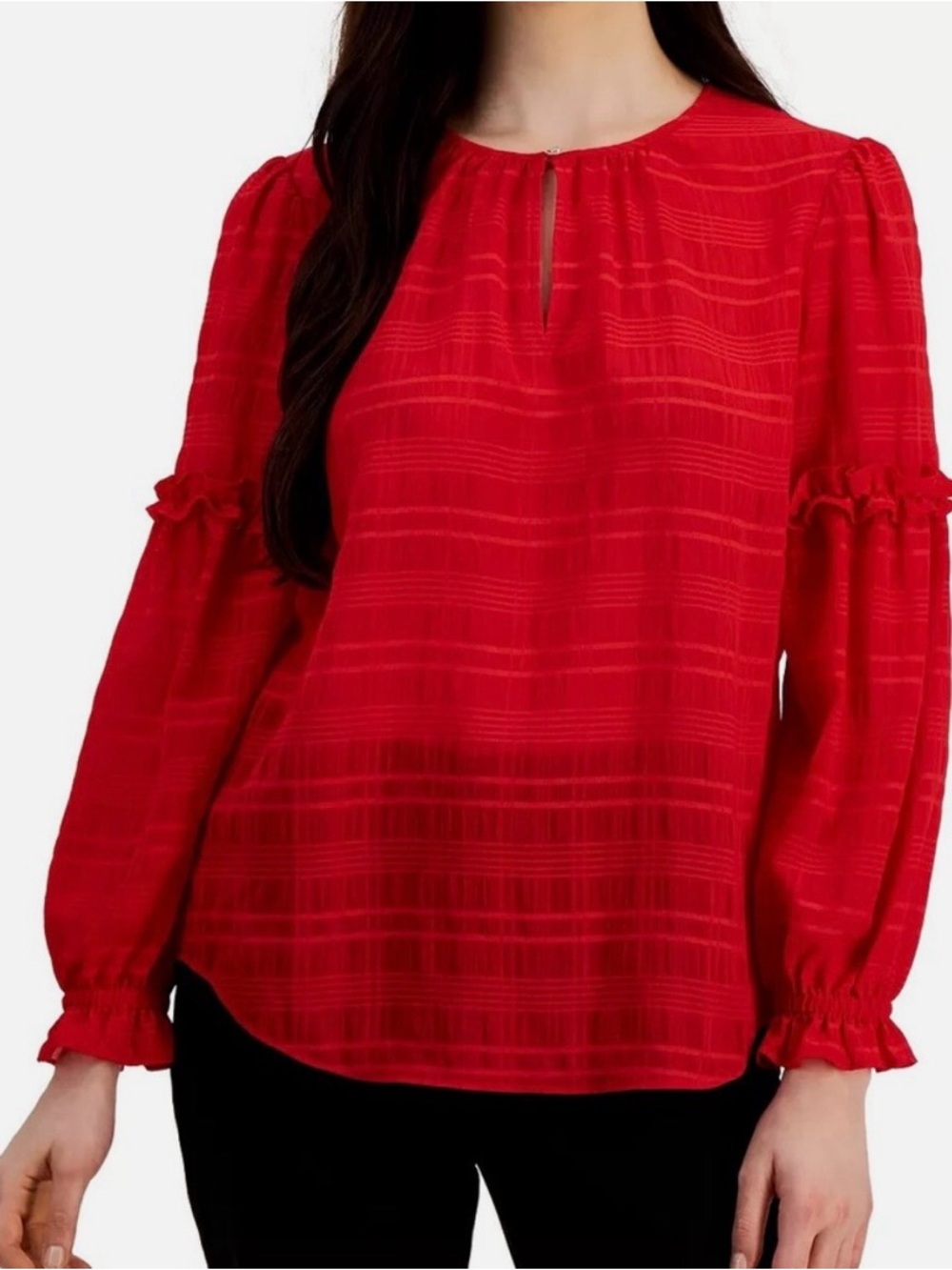 Tommy Hilfiger Red Textured Keyhole Long-Sleeve Blouse Size XS